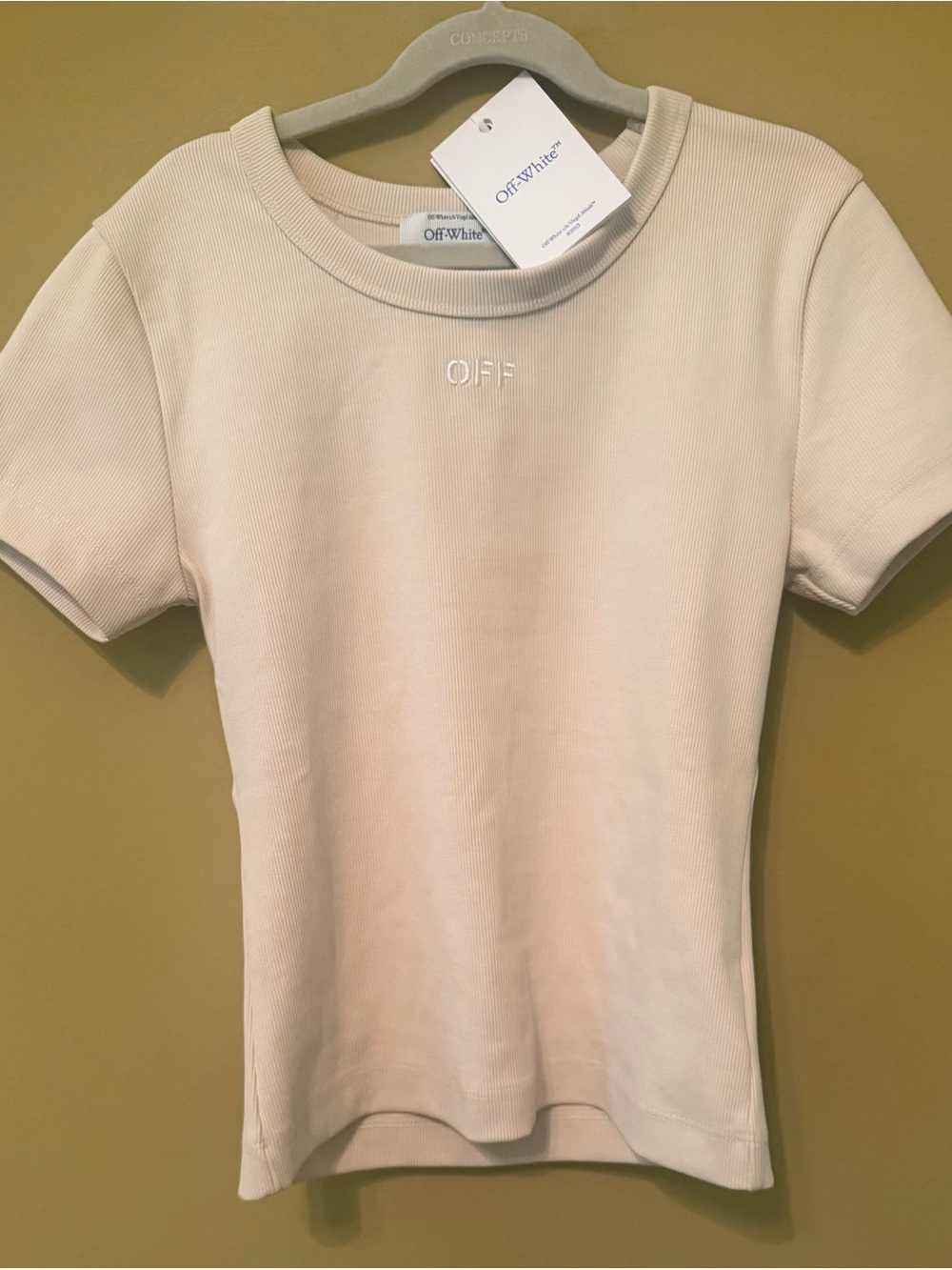 Off-White Cream Short-Sleeve Ribbed Tee with Embroidered OFF